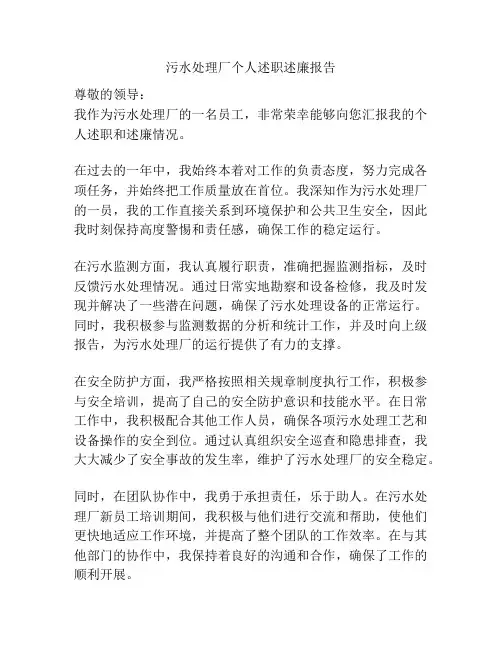 污水处理厂个人述职述廉报告