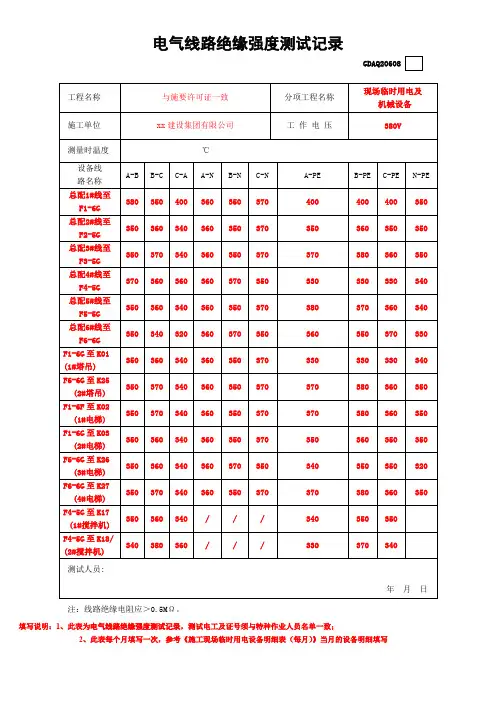 电气线路绝缘强度测试记录