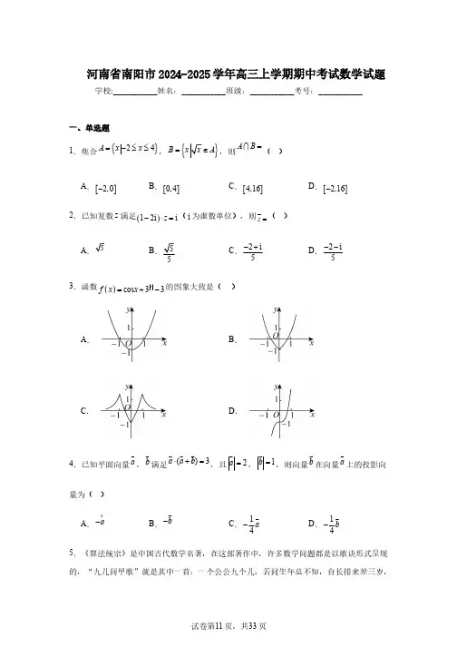 河南省南阳市2024-2025学年高三上学期期中考试数学试题