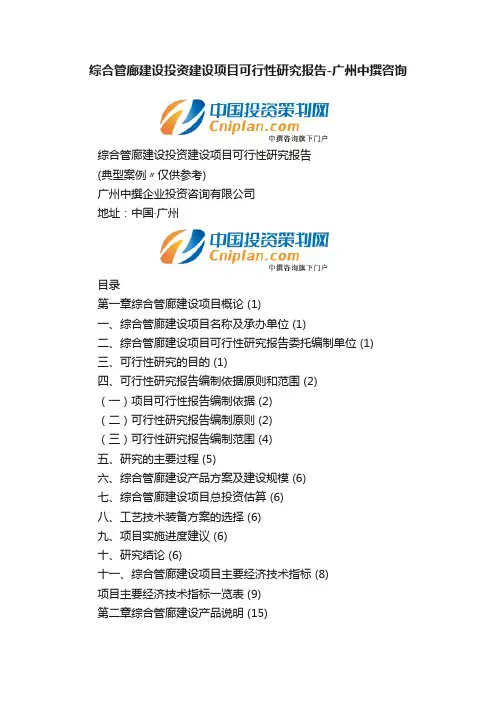 综合管廊建设投资建设项目可行性研究报告-广州中撰咨询