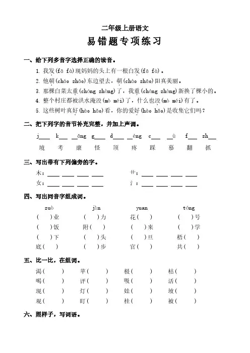 二年级上册语文《易错题专项练习》含答案