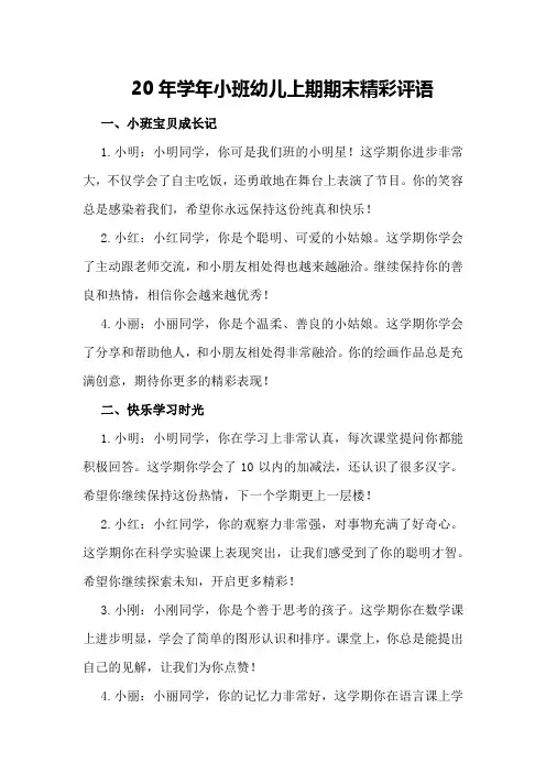 20年学年小班幼儿上期期末精彩评语