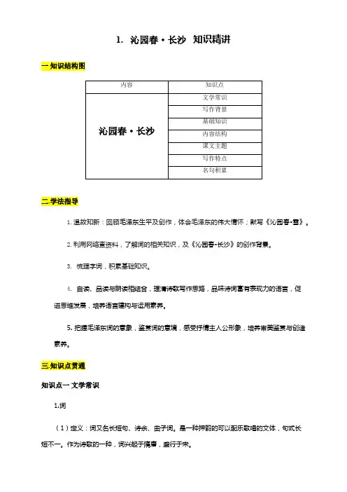 沁园春长沙(知识精讲)2019-2020学年高一语文部编版必修上册(解析版)