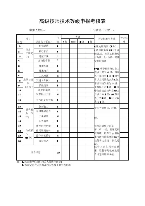 高级技师技术等级申报考核表