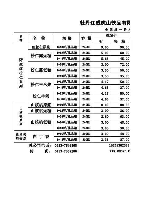 饮品全国统一价格表
