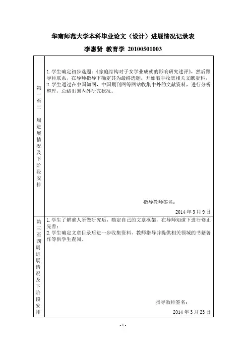 7. 华南师范大学本科毕业论文(设计)进展情况记录表