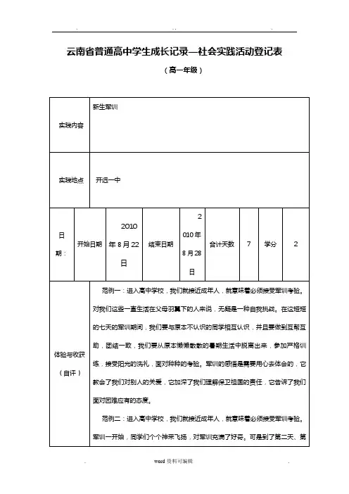 云南省普通高中学生成长记录—社会实践活动登记表