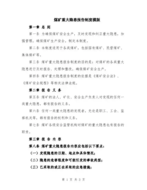 煤矿重大隐患报告制度模版