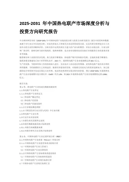 2025-2031年中国热电联产市场深度分析与投资方向研究报告