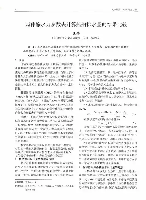 两种静水力参数表计算船舶排水量的结果比较