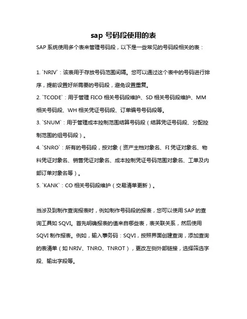 sap 号码段使用的表