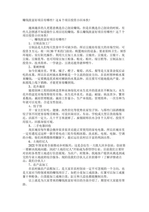 赚钱致富好项目有哪些？这6个项目投资小回本快!