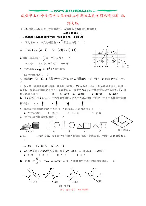 成都市玉林中学石羊校区初级上学期初三数学期末模拟卷 北师大版