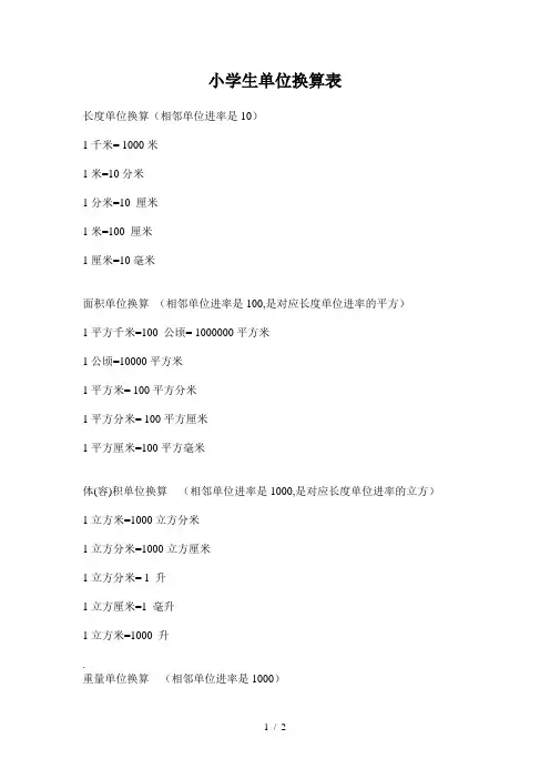小学生单位换算全表