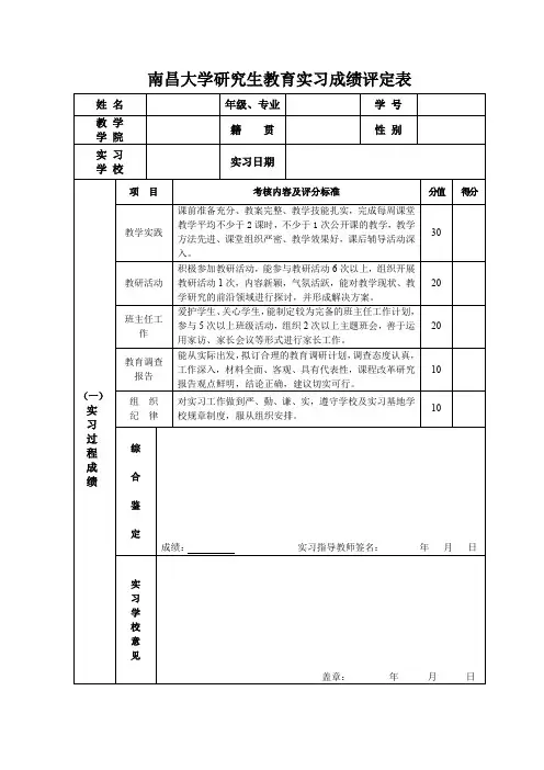 南昌大学研究生教育实习成绩评定表