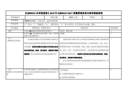 【GJB9001C内审检查表】2019年GJB9001C-2017质量管理体系内部审核检查表