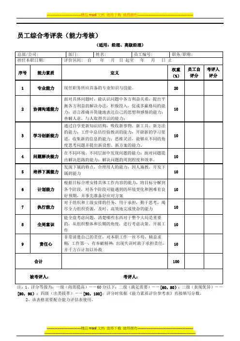 员工综合考评表(能力考核)