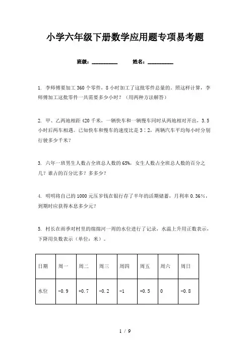 小学六年级下册数学应用题专项易考题