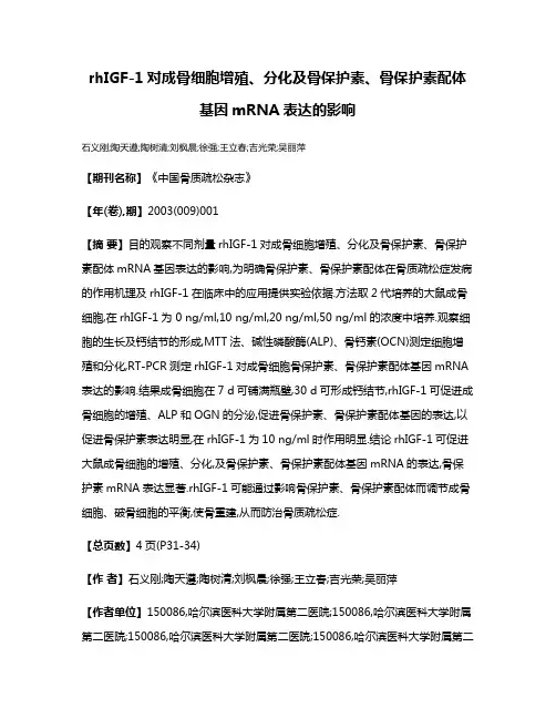 rhIGF-1对成骨细胞增殖、分化及骨保护素、骨保护素配体基因mRNA表达的影响