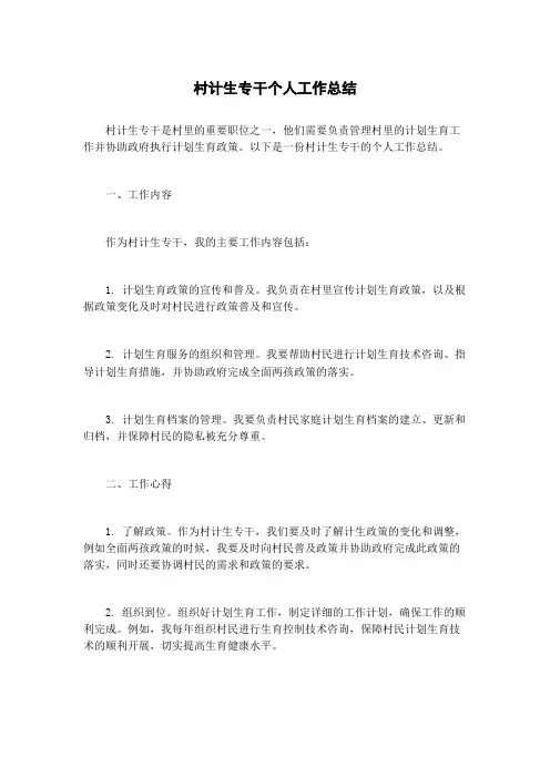 村计生专干个人工作总结
