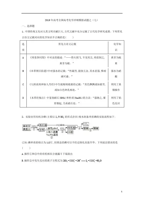 2019年全国高考化学冲刺模拟试题之(七)及参考答案
