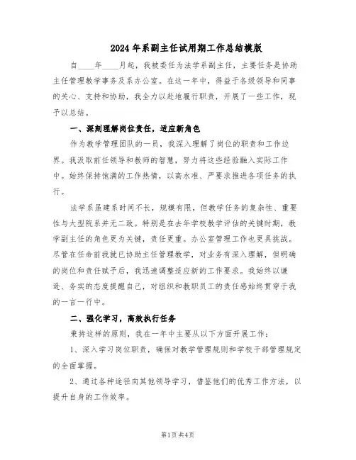 2024年系副主任试用期工作总结模版（二篇）