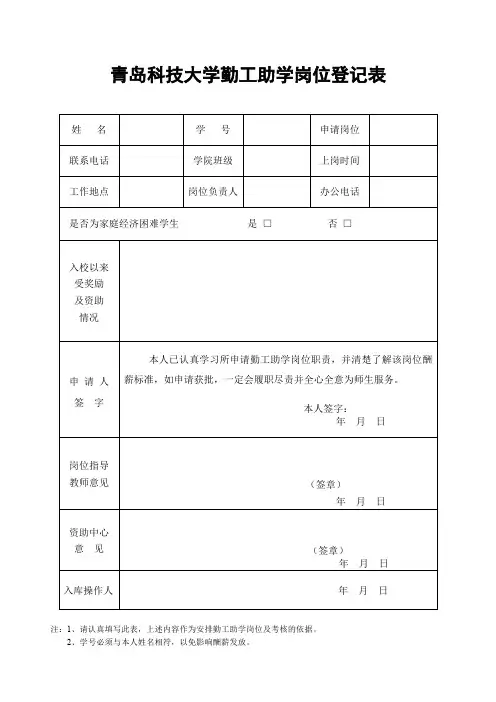 XX大学勤工助学岗位登记表【模板】