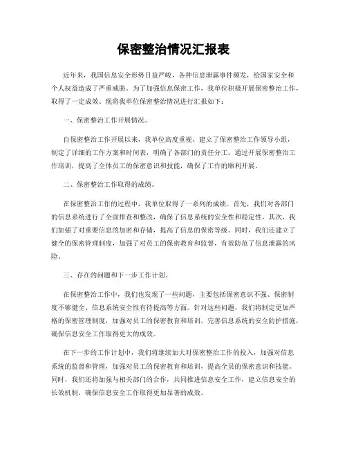 保密整治情况汇报表