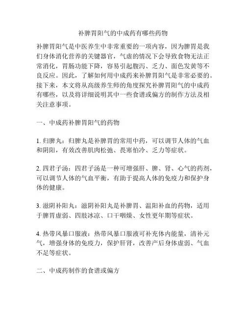补脾胃阳气的中成药有哪些药物