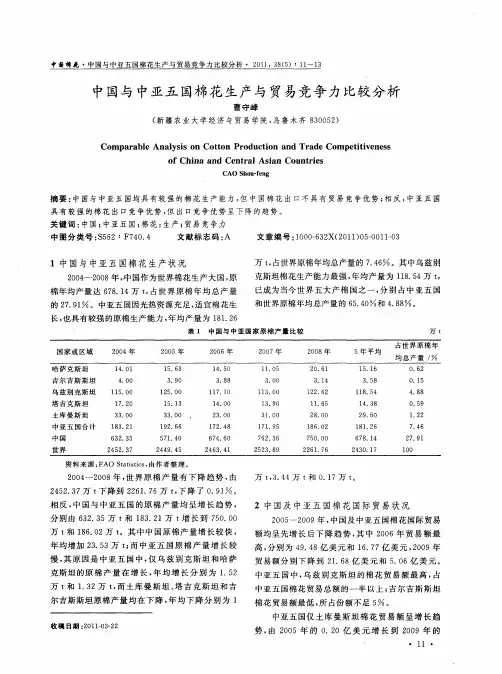 中国与中亚五国棉花生产与贸易竞争力比较分析