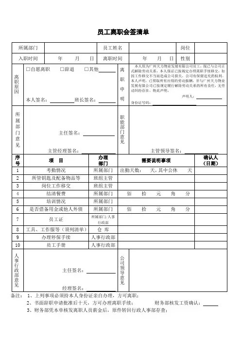 员工离职会签清单