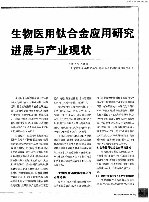 生物医用钛合金应用研究进展与产业现状