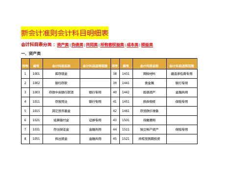 新会计准则会计科目明细表