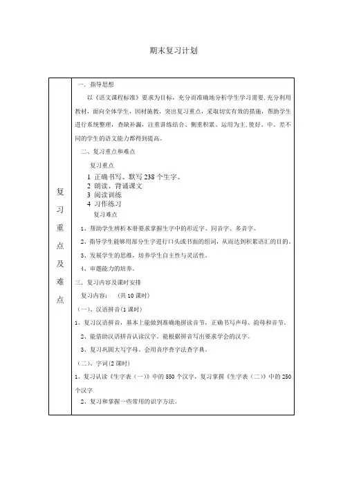 期末复习计划表(二年语文)(A4)