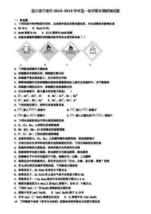 浙江省宁波市2018-2019学年高一化学期末调研测试题