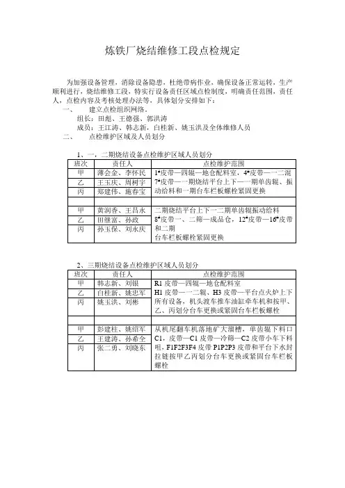炼铁厂烧结维修工段点检规定