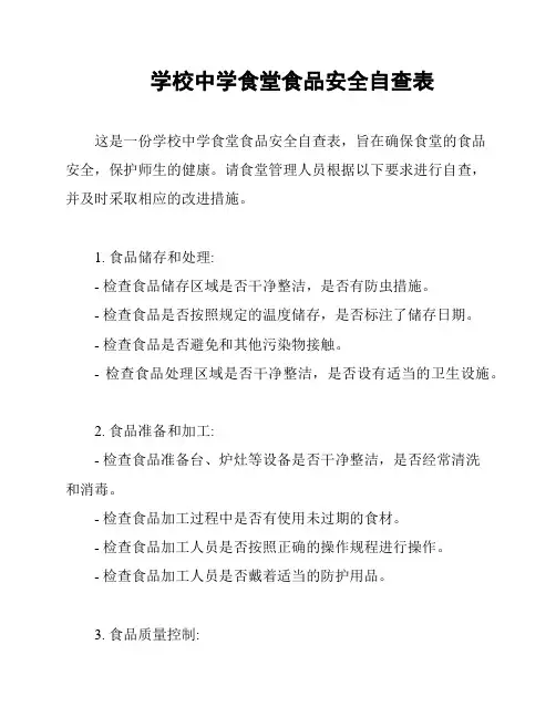学校中学食堂食品安全自查表