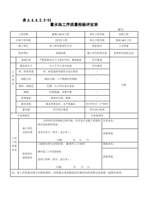 高标准农田蓄水池工序质量检验评定表1号大口井