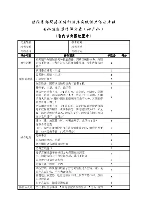 住院医师规范化培训临床实践能力结业考核专科技能操作评分表(妇产科)(宫内节育器放置术)