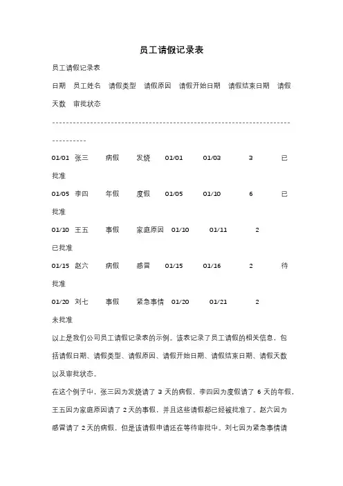 员工请假记录表