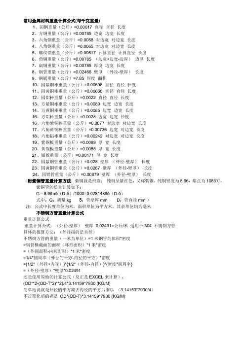 常用金属材料重量计算公式