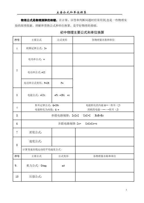物理单位及换算公式表