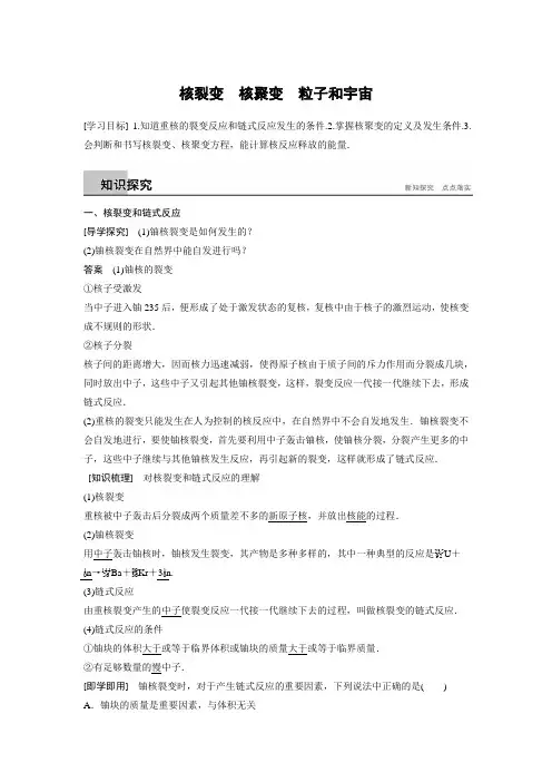 新人教版高中物理选修3-5      核裂变  核聚变 粒子和宇宙    学案