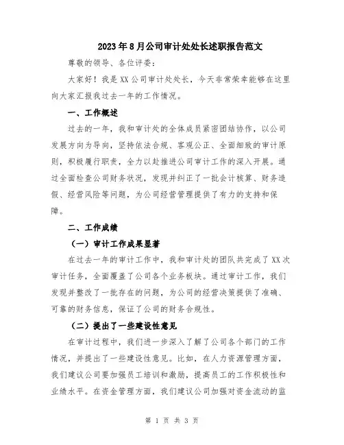 2023年8月公司审计处处长述职报告范文