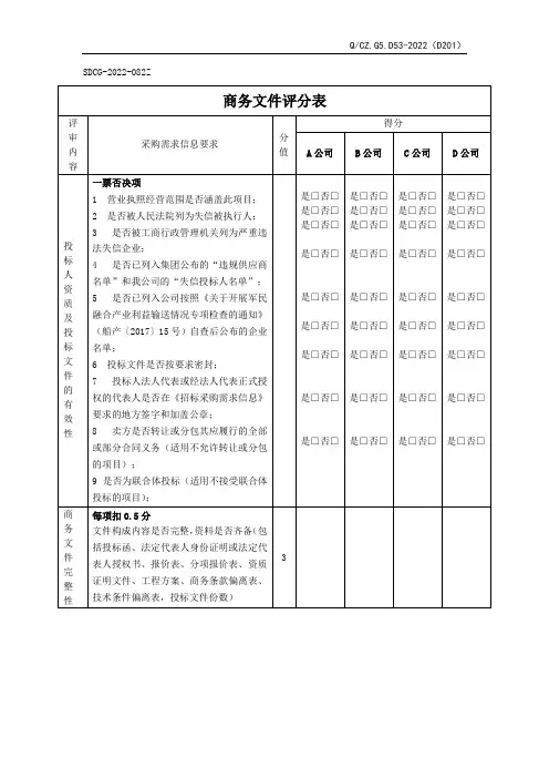 商务评分表模板