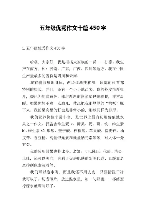 五年级优秀作文十篇450字