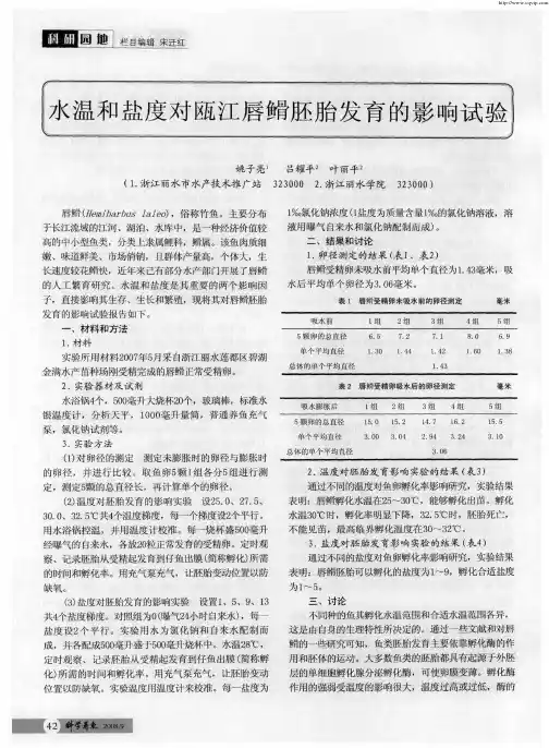 水温和盐度对瓯江唇[鱼骨]胚胎发育的影响试验