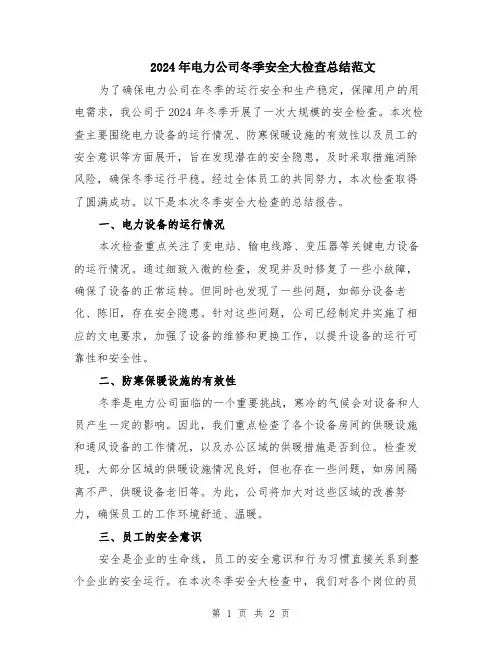 2024年电力公司冬季安全大检查总结范文