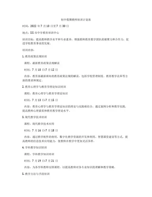初中假期教师培训计划表