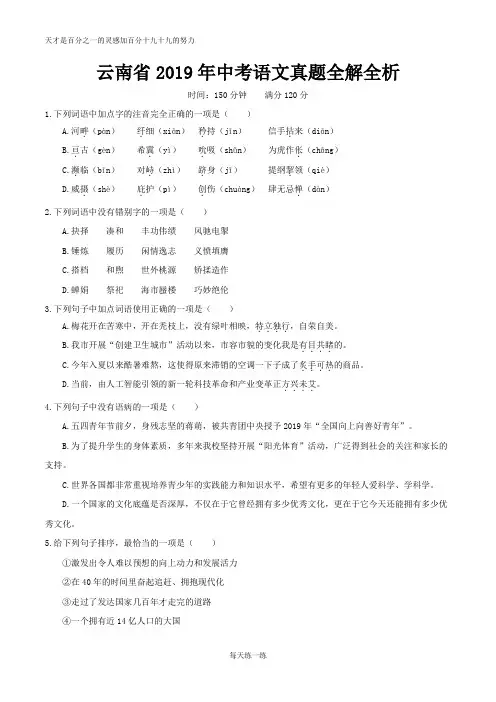 云南省2019年中考语文真题全解全析